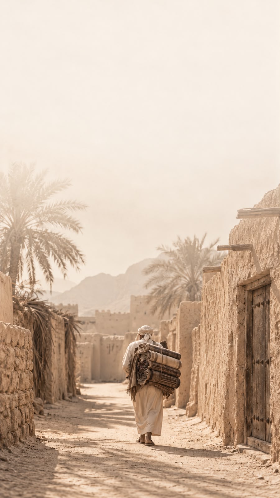 A fabric carrier walking through a sunlit village with earthen walls and palm trees